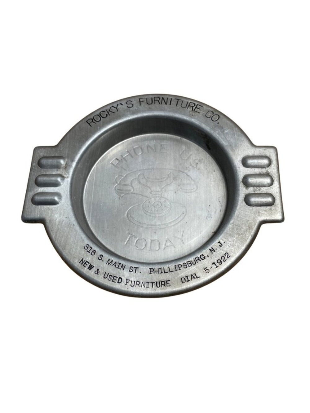 Vtg Advertising Ashtray Rockys Furniture Co Phillipsburg NJ Aluminum Engraved